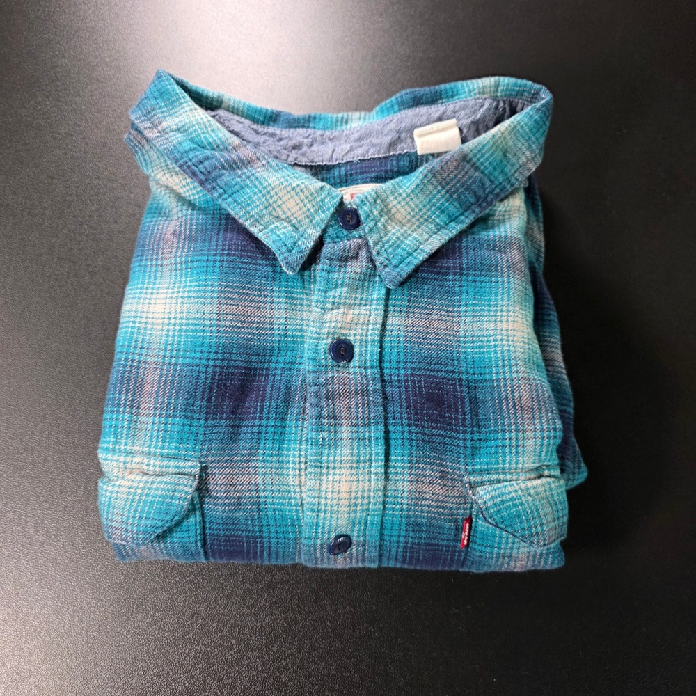 Levis Mens 3XL Relaxed Fit Flannel Shirt Teal Blue Plaid Long Sleeve Button Down